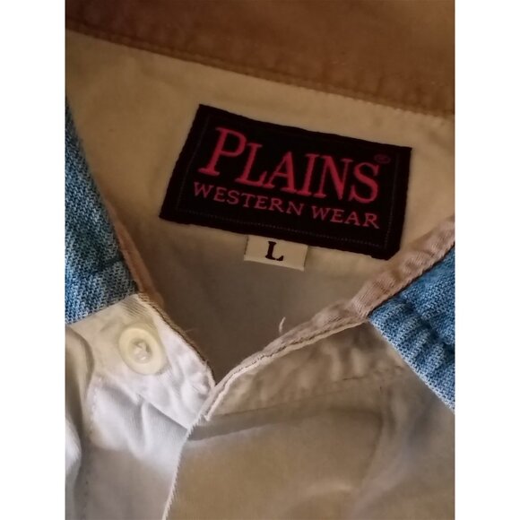 Vtg PLAINS Western Wear Denim Pearl Snap Aztec Shirt Men’s Large Cowboy Western - Picture 5 of 8